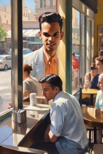 the coffee shop,oil painting,coffee shop,oil painting on canvas,soda fountain,oil on canvas,cuban espresso,woman at cafe,photo painting,painting technique,ice cream parlor,ice cream shop,painting easter egg,meticulous painting,waiter,espresso,soda shop,painting,deli,retro diner,Digital Art,Impressionism