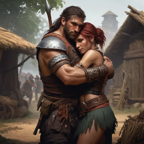 warrior and orc,massively multiplayer online role-playing game,barbarian,witcher,game art,female warrior,game illustration,germanic tribes,dwarves,man and wife,gladiators,couple goal,blacksmith,vikings,grog,fantasy picture,heroic fantasy,nomads,fantasy art,young couple,Conceptual Art,Fantasy,Fantasy 11