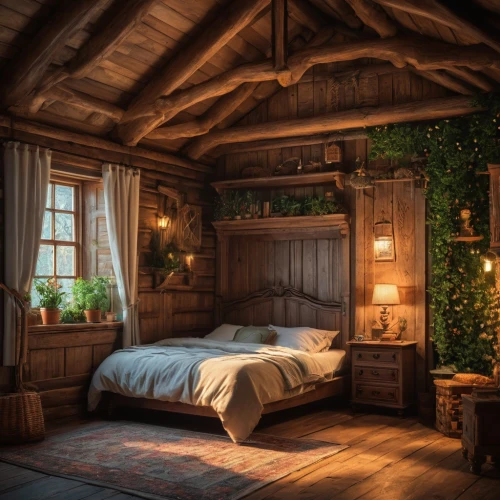 sleeping room,wooden beams,bedroom,tree house hotel,the little girl's room,canopy bed,danish room,children's bedroom,four-poster,four poster,attic,rustic,guest room,great room,log home,wooden house,rooms,log cabin,one room,ornate room,Photography,General,Fantasy