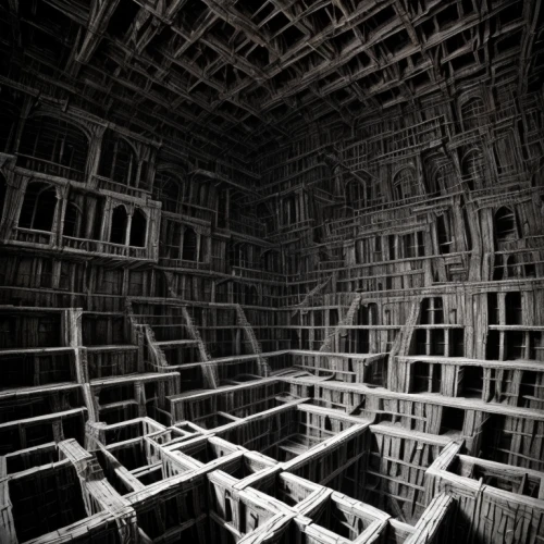 anechoic,panopticon,wooden construction,bookshelves,maze,abandoned room,ceiling construction,attic,wireframe,book pages,bookshelf,wood structure,roof structures,cellar,vaulted cellar,strange structure,labyrinth,catacombs,wooden roof,crate