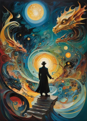 pilgrim,shamanism,violinist violinist of the moon,the wanderer,art bard,shamanic,astral traveler,fire artist,wizard,el salvador dali,the mystical path,lamplighter,astronomer,fiddler,mysticism,the pied piper of hamelin,jrr tolkien,flow of time,monk,jacob's ladder,Conceptual Art,Oil color,Oil Color 04