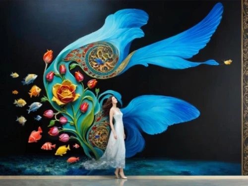 ulysses butterfly,iranian nowruz,fairy peacock,wall painting,blue birds and blossom,the annunciation,peacock,art painting,nowruz,mural,meticulous painting,boho art,flower wall en,arabic background,blue peacock,flower painting,chinese art,decorative art,indian art,murals