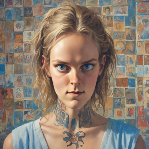 portrait of a girl,girl portrait,mystical portrait of a girl,the girl's face,fantasy portrait,elsa,tattoo girl,young woman,blonde woman,artist portrait,woman face,woman portrait,alice,portait,oil painting on canvas,girl in a long,della,face portrait,oil painting,blonde girl,Photography,Realistic