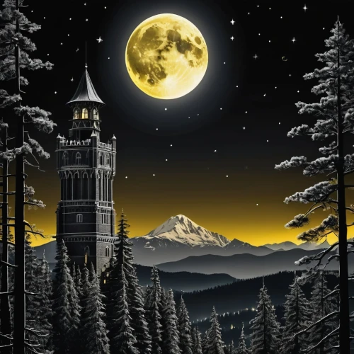 moonlit night,moon and star background,water tower,night scene,fairy tale castle,moon phase,watertower,big moon,hanging moon,observatory,fantasy picture,whistler,clock tower,super moon,starry night,minarets,moonlit,hogwarts,fairytale castle,gold castle,Photography,General,Realistic