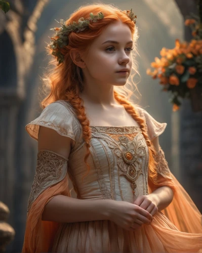 princess anna,cinderella,rapunzel,merida,orange rose,fairy tale character,celtic queen,flower girl,princess sofia,fantasy portrait,enchanting,mystical portrait of a girl,orange roses,celtic woman,faery,fairy queen,a girl in a dress,a princess,fantasy picture,girl in flowers,Photography,General,Fantasy