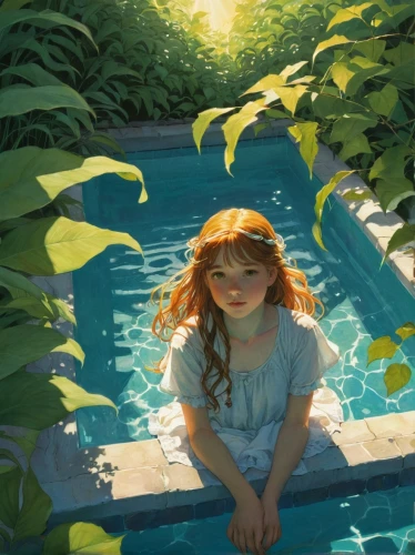 girl in the garden,lilly pond,idyll,water nymph,summer day,summer evening,swimming pool,girl lying on the grass,lily pond,water forget me not,pool,in the summer,idyllic,studio ghibli,girl picking flowers,summer crown,pool water,in the early summer,water-the sword lily,aqua studio,Illustration,Realistic Fantasy,Realistic Fantasy 04