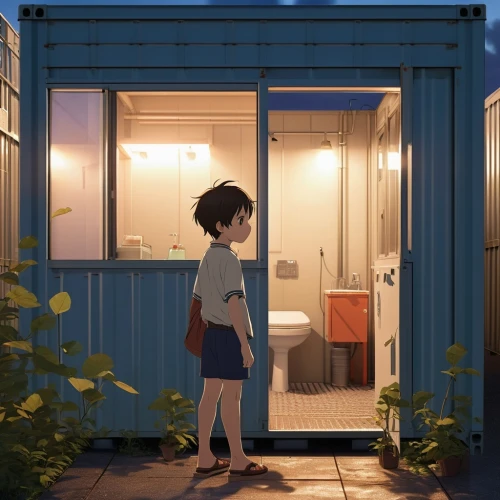 studio ghibli,blue door,blue doors,the little girl's room,shed,summer evening,little house,boy's room picture,door-container,small house,shelter,forget-me-not,container,small cabin,home door,garden shed,lonely house,home or lost,rest room,girl and boy outdoor,Photography,General,Realistic