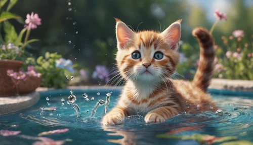 bathing,ginger kitten,water bath,cute cat,taking a bath,blossom kitten,kitten,tabby kitten,baby bathing,jumping into the pool,swim,splashing,flower water,swimming,washing,little cat,bathing fun,water splash,felidae,cat drinking water,Photography,General,Commercial