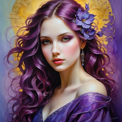 purple lilac,golden lilac,purple rose,lilac blossom,la violetta,mystical portrait of a girl,lilac flower,romantic portrait,fantasy art,fantasy portrait,faery,violet colour,lilacs,purple and gold,veil purple,butterfly lilac,wisteria,fairy queen,precious lilac,pale purple,Illustration,Realistic Fantasy,Realistic Fantasy 30