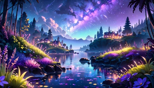 purple landscape,fantasy landscape,fairy world,fantasy picture,fairy forest,unicorn background,purple wallpaper,lagoon,landscape background,fairy galaxy,forest of dreams,fairy village,underwater oasis,river landscape,dream world,evening lake,fairytale forest,futuristic landscape,3d fantasy,enchanted forest,Anime,Anime,Cartoon