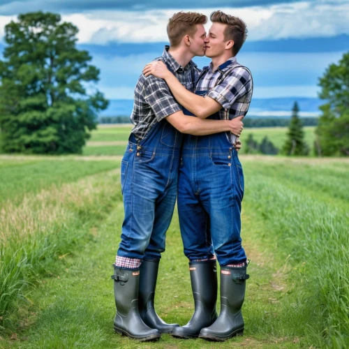 gay love,gay couple,glbt,gay men,shepherd romance,land love,rubber boots,overalls,pre-wedding photo shoot,cowboy boots,lgbtq,coveralls,as a couple,inter-sexuality,couple goal,couple in love,hypersexuality,cheek kissing,farmers,gay,Photography,General,Realistic