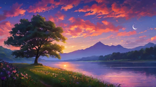 landscape background,purple landscape,fantasy landscape,mountain sunrise,river landscape,beautiful landscape,evening lake,nature landscape,fantasy picture,salt meadow landscape,meadow landscape,mountain landscape,dusk background,world digital painting,mountain scene,high landscape,landscape nature,summer evening,mountainous landscape,springtime background,Photography,General,Natural