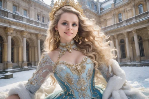 the snow queen,cinderella,ice princess,versailles,elsa,ice queen,almudena,celtic queen,venetia,suit of the snow maiden,winterblueher,princess sofia,rapunzel,rococo,celtic woman,tiara,hallia venezia,iulia hasdeu castle,winter dress,white rose snow queen,Photography,Realistic