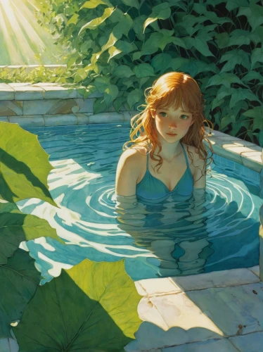 girl in the garden,nami,summer day,summer evening,water nymph,pool,lilly pond,swimming pool,idyll,swim,swimming,swimmer,in the summer,summer floatation,the blonde in the river,poison ivy,secret garden of venus,pool water,rusalka,water-the sword lily,Illustration,Realistic Fantasy,Realistic Fantasy 04