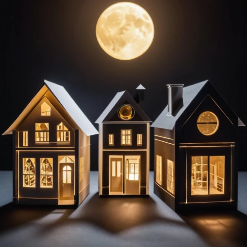 dolls houses,miniature house,houses clipart,model house,moonlit night,paper art,halloween decoration,doll house,wooden houses,cuckoo clocks,landscape lighting,security lighting,moon photography,halloween decor,drawing with light,moonlit,facade lantern,super moon,night scene,visual effect lighting,Photography,General,Realistic