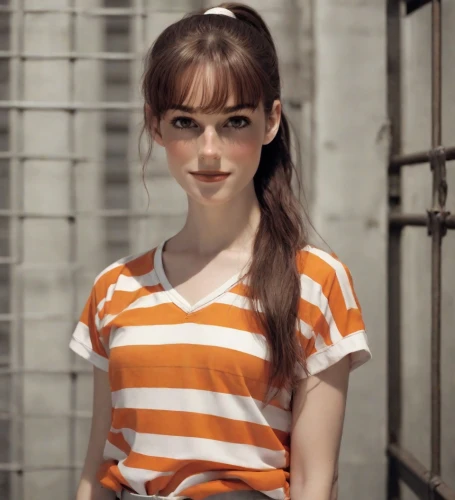 horizontal stripes,clementine,girl in t-shirt,stripes,polo shirt,tiger lily,striped background,pippi longstocking,orange,striped,cotton top,retro girl,mime,doll's facial features,teen,beautiful girl,orange color,girl doll,victoria lily,porcelain doll,Photography,Natural