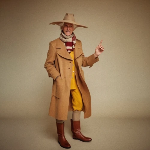 frock coat,overcoat,old coat,a wax dummy,pork-pie hat,elderly man,man's fashion,stetson,long coat,brown hat,vintage fashion,trench coat,sculptor ed elliott,david bowie,cowboy,costume design,pensioner,tilda,coat color,model train figure,Photography,General,Cinematic