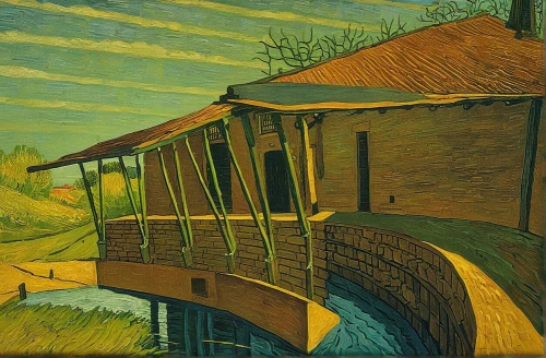 vincent van gough,vincent van gogh,david bates,boat landscape,wooden train,gondolas,tram,kinderdijk,sky train,tramway,cablecar,wooden bridge,funicular,rural landscape,khokhloma painting,picnic boat,stilt house,houseboat,dutch landscape,cool woodblock images,Art,Artistic Painting,Artistic Painting 03