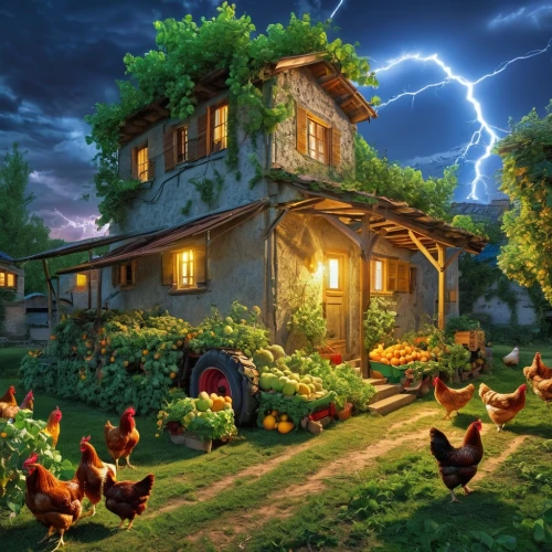 vegetables landscape,organic farm,farm house,vegetable garden,a chicken coop,chicken coop,chicken yard,fantasy picture,chicken farm,barnyard,permaculture,farmstead,farmyard,farm hut,farmhouse,the farm,backyard chickens,country cottage,home landscape,farm set,Photography,General,Realistic