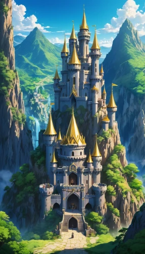 fairy tale castle,gold castle,fairytale castle,knight's castle,castel,disney castle,fantasy world,water castle,castle,castle of the corvin,summit castle,fantasy city,castles,castelul peles,stone palace,medieval castle,new castle,cartoon video game background,castleguard,studio ghibli,Illustration,Japanese style,Japanese Style 03