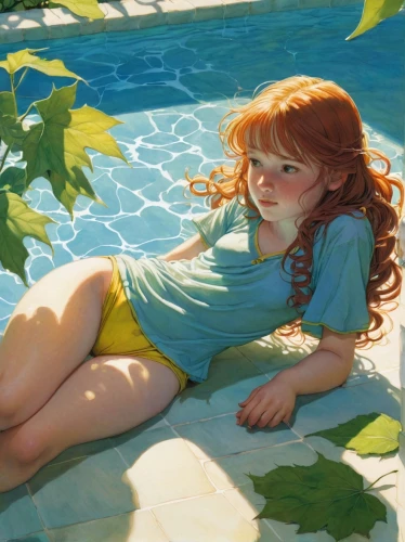 girl lying on the grass,girl in the garden,summer day,pool,swimming pool,nami,idyll,summer evening,lilly pond,relaxed young girl,lying down,red-haired,study,swim ring,swim,sun-bathing,resting,merida,idyllic,poolside,Illustration,Realistic Fantasy,Realistic Fantasy 04