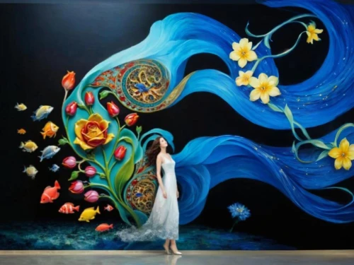 flower painting,ulysses butterfly,iranian nowruz,art painting,boho art,flower art,flower wall en,wall painting,fairy peacock,girl in flowers,chalk drawing,blue birds and blossom,dance with canvases,mural,fantasy art,creative background,meticulous painting,oil painting on canvas,bodypainting,splendor of flowers