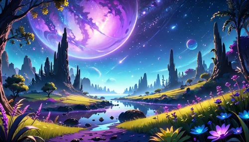 fantasy landscape,purple landscape,fairy galaxy,fairy world,fairy forest,unicorn background,alien world,futuristic landscape,mushroom landscape,alien planet,landscape background,fantasy picture,moonlight cactus,fantasia,cartoon video game background,colorful stars,forest of dreams,dream world,purple wallpaper,fairy village,Anime,Anime,Cartoon