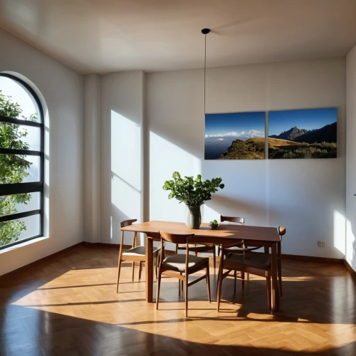 the living room of a photographer,daylighting,home interior,modern decor,window film,livingroom,dining room,modern room,contemporary decor,danish room,dining room table,living room,visual effect lighting,interior decor,hardwood floors,breakfast room,interior decoration,wooden windows,interior design,3d rendering