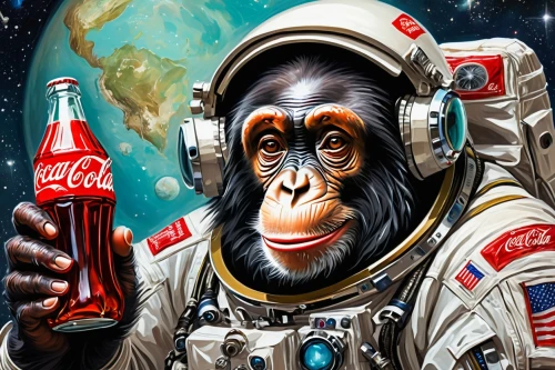 the coca-cola company,spacefill,chimpanzee,cosmonaut,coca-cola,coca cola logo,cola can,coca cola,chimp,cola,cosmonautics day,ape,coke,mankind,coca-cola light sango,gorilla,monkeys band,primate,astronautics,orangutan,Illustration,Paper based,Paper Based 04
