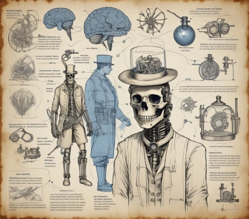 theoretician physician,medical concept poster,biologist,sci fiction illustration,doctoral hat,investigator,marine scientists,pathologist,anatomical,steampunk,game illustration,cybernetics,researcher,cognitive psychology,researchers,ship doctor,illustrations,medical illustration,physician,cancer illustration,Unique,Design,Blueprint