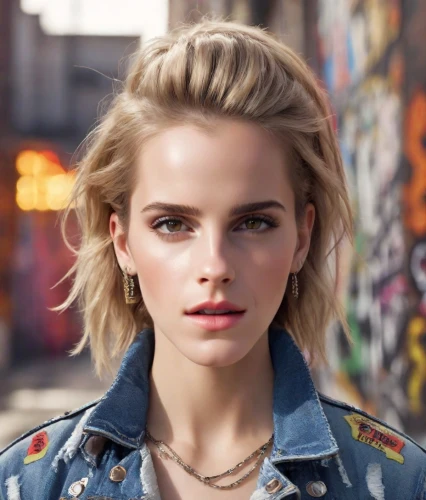 model beauty,denim jacket,short blond hair,jean jacket,beautiful face,pixie-bob,pretty young woman,rock beauty,cool blonde,attractive woman,beautiful model,eyebrow,romantic look,beautiful young woman,doll's facial features,serious,beautiful girl,beautiful woman,blonde girl,smart look,Photography,Commercial