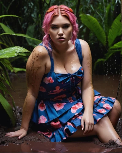 fae,wet,poison,wet girl,garden fairy,pink hair,plus-size model,water nymph,girl in the garden,photoshoot with water,costa rica,garden gnome,polynesian,hula,cave girl,the blonde in the river,rainforest,ictoria crowned pigeon,rosella,splattered