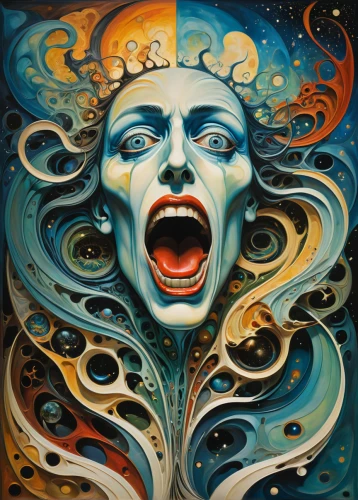 psychedelic art,medusa,astonishment,siren,mother earth,shamanic,psychosis,self hypnosis,shamanism,scared woman,aporia,awakening,scream,psyche,inner voice,consciousness,sirens,turmoil,woman's face,psychedelic,Conceptual Art,Daily,Daily 22