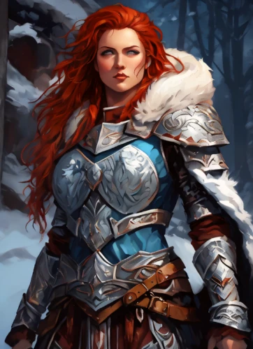 female warrior,winterblueher,heroic fantasy,suit of the snow maiden,massively multiplayer online role-playing game,swordswoman,dwarf sundheim,warrior woman,sterntaler,the snow queen,celtic queen,joan of arc,ice queen,paladin,fantasy portrait,huntress,fantasy warrior,northrend,breastplate,fantasy woman