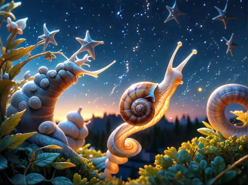 spiral background,star winds,fantasy picture,fantasia,kawaii snails,snails,cinnamon stars,3d fantasy,snails and slugs,stars and moon,night stars,tangled,starscape,fairy world,star garland,cg artwork,moon and star background,whimsical animals,falling stars,fireflies,Anime,Anime,General