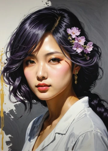 flower painting,asian woman,painting technique,vietnamese woman,chinese art,jasmine blossom,japanese woman,geisha,art painting,meticulous painting,girl in flowers,geisha girl,artist color,photo painting,painting work,oriental girl,japanese art,oil painting,phuquy,girl portrait,Illustration,Japanese style,Japanese Style 18