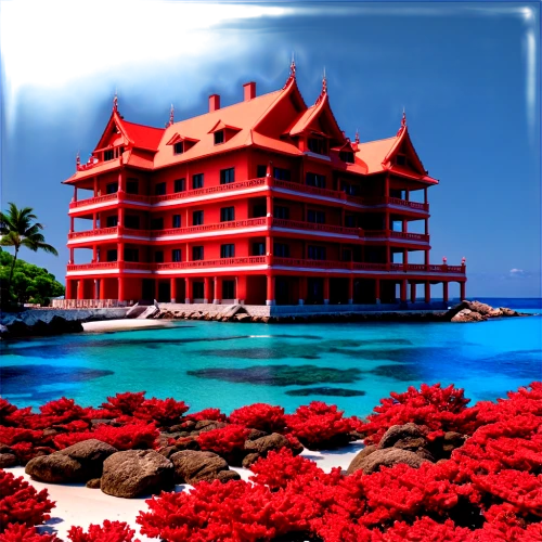 hotel nacional,tropical house,cube stilt houses,seaside resort,dragon palace hotel,hotel del coronado,red roof,maldives mvr,beach resort,house of the sea,red sea,hotel riviera,iberostar,red lighthouse,beach house,tropical island,curacao,phu quoc island,holiday villa,holiday complex,Photography,General,Realistic