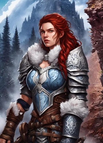 massively multiplayer online role-playing game,female warrior,dwarf sundheim,heroic fantasy,sterntaler,winterblueher,northrend,breastplate,suit of the snow maiden,swordswoman,arcanum,portrait background,celtic queen,fantasy portrait,paladin,heavy armour,warrior woman,collectible card game,joan of arc,the snow queen