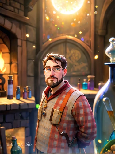 shopkeeper,tinsmith,candlemaker,apothecary,dwarf cookin,hamelin,merchant,bartender,watchmaker,barman,cg artwork,father frost,3d fantasy,disney character,clockmaker,bard,librarian,potions,art bard,fishmonger,Anime,Anime,General