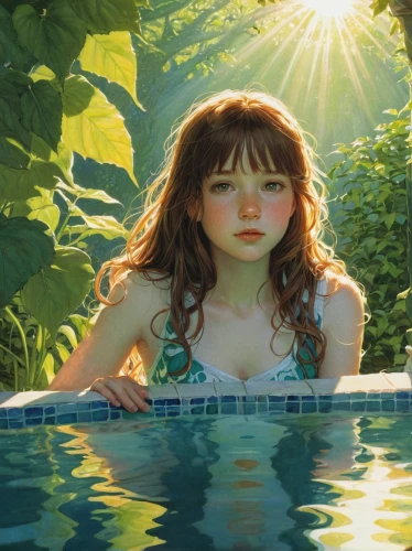 water nymph,girl in the garden,secret garden of venus,the girl in the bathtub,the blonde in the river,mystical portrait of a girl,girl on the river,studio ghibli,swimming pool,thermal spring,water forget me not,swimmer,world digital painting,immersed,in the summer,pool water,summer day,merfolk,lily pad,swimming,Illustration,Realistic Fantasy,Realistic Fantasy 04