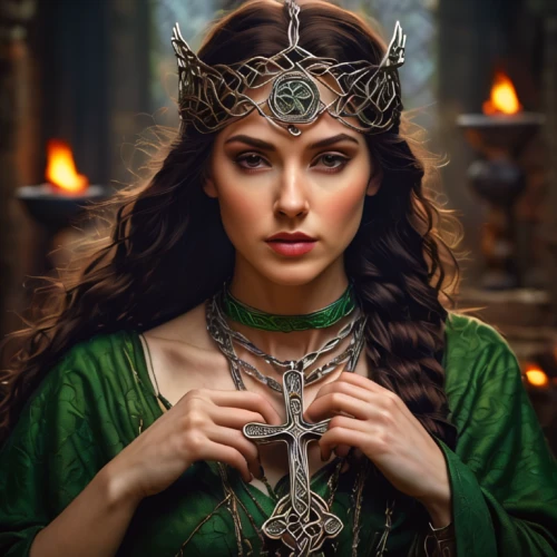 celtic queen,the enchantress,elven,celtic woman,sorceress,fantasy woman,miss circassian,priestess,fairy queen,queen of the night,diadem,queen cage,fantasy art,caerula,fantasy portrait,heroic fantasy,goddess of justice,fantasy picture,lord who rings,emerald,Illustration,Realistic Fantasy,Realistic Fantasy 03