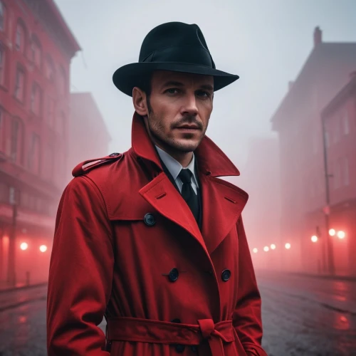 red coat,overcoat,trench coat,coat,detective,long coat,red cape,man in red dress,old coat,frock coat,star-lord peter jason quill,inspector,man with umbrella,coat color,warsaw,private investigator,investigator,banker,holmes,negroni,Photography,General,Realistic