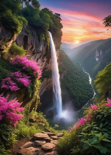 waterfalls,bridal veil fall,mountain landscape,fantasy landscape,beautiful landscape,mountainous landscape,waterfall,mountain spring,landscape background,nature landscape,lilies of the valley,mountain scene,brown waterfall,splendor of flowers,cascading,natural scenery,wasserfall,green waterfall,water fall,water falls,Photography,General,Realistic
