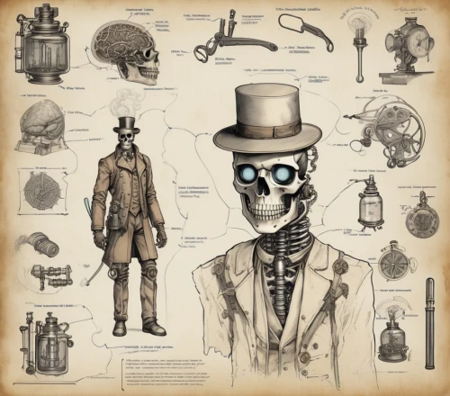 steampunk,biologist,theoretician physician,vintage skeleton,watchmaker,clockmaker,digiscrap,steampunk gears,skull bones,stovepipe hat,pathologist,sci fiction illustration,investigator,illustrations,medical concept poster,costume design,game illustration,ship doctor,anatomical,doctoral hat,Unique,Design,Blueprint