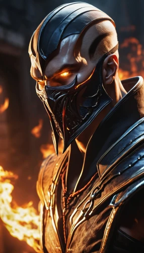 iron mask hero,fire background,molten,alien warrior,golden mask,king cobra,iron,gold mask,merc,hot metal,warlord,spartan,scorpion,cg artwork,kadala,steel man,sigma,venom,nova,dark elf,Photography,General,Realistic