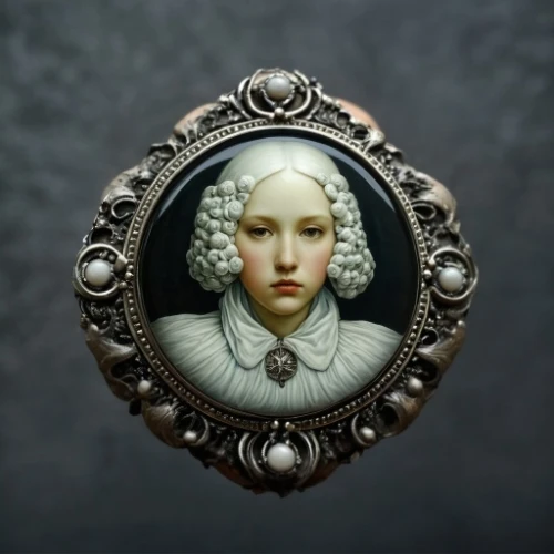 miniature figure,tudor,doll's head,brooch,elizabeth i,cepora judith,decorative figure,baroque angel,the angel with the veronica veil,porcelaine,gothic portrait,woman's face,miniature figures,escutcheon,doll figure,bonnet ornament,pierrot,doll looking in mirror,portrait of christi,portrait of a woman