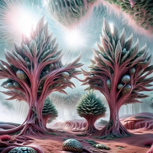 tree grove,alien planet,mushroom landscape,cartoon forest,alien world,fantasy landscape,fairy forest,the trees,elven forest,fir forest,trees,spruce forest,pine trees,cartoon video game background,forest landscape,coniferous forest,fractal environment,spruce-fir forest,spruce trees,fractals art