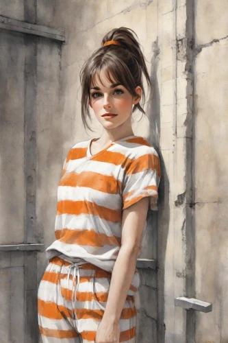 horizontal stripes,girl with cloth,girl portrait,girl in t-shirt,girl in a long,striped background,girl with cereal bowl,girl on the stairs,girl sitting,painter doll,girl in cloth,child girl,girl with bread-and-butter,the little girl,the girl in nightie,child portrait,little girl in wind,girl drawing,little girl,prisoner,Digital Art,Watercolor