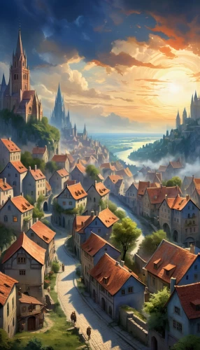 medieval town,aurora village,fantasy landscape,mountain settlement,mountain village,knight village,escher village,ancient city,transylvania,meteora,world digital painting,alpine village,landscape background,fantasy city,hamelin,fantasy picture,villages,transilvania,wooden houses,home landscape,Illustration,Realistic Fantasy,Realistic Fantasy 01