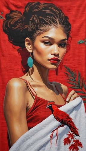 fabric painting,girl with cloth,oil painting on canvas,art painting,red tablecloth,meticulous painting,oil painting,girl in cloth,oil on canvas,indigenous painting,on a red background,painting technique,flamenco,red skin,geisha,red carnations,italian painter,red paint,painting work,femicide,Illustration,Paper based,Paper Based 19